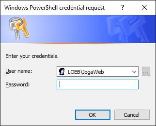 Windows PowerShell credential request dialog box where you can enter the CMS Server user password